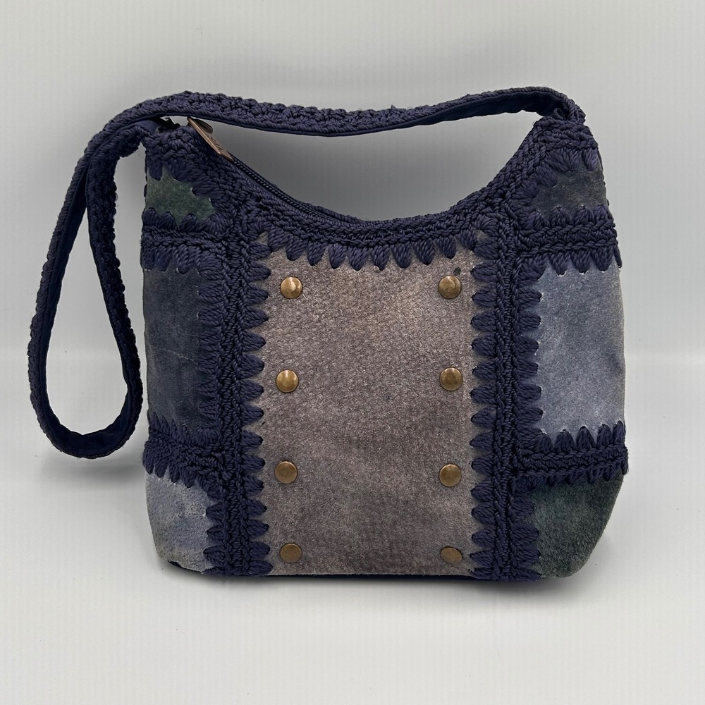 The Sak Original Aura Navy Blue Crochet Suede Patchwork Studded Hobo Bag
